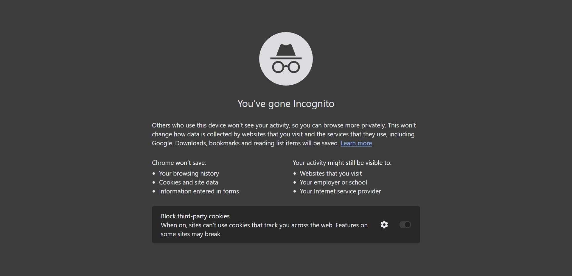 صفحه حالت Incognito مرورگر گوگل کروم