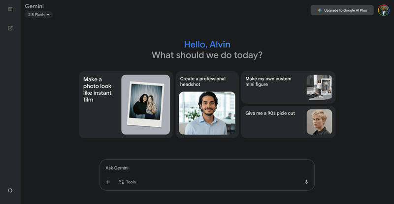 رابط چت Google Gemini که میانبرهای مختلفی را نشان می دهد