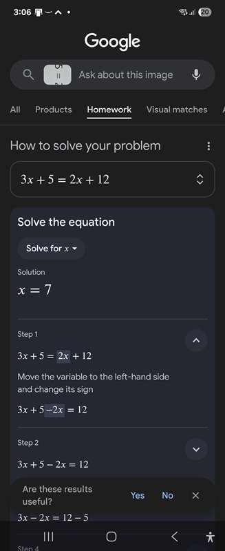 راه‌حل معادله ریاضی در Google Lens