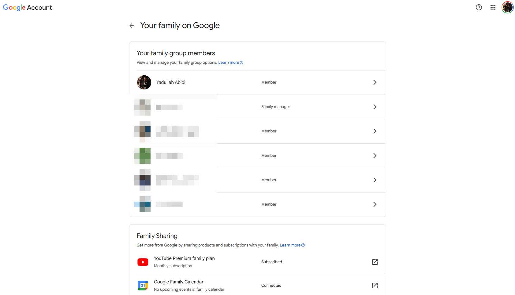 صفحهٔ خانوادگی Google One با اعضای خانواده