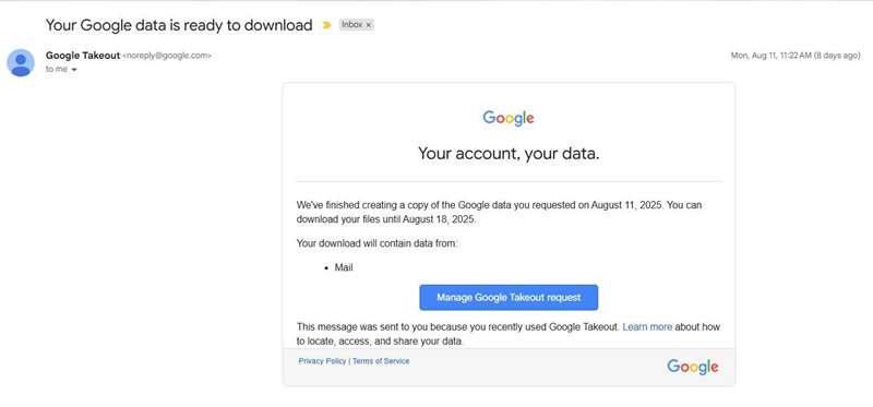لینک دانلود Google Takeout ارسال شده به ایمیل.