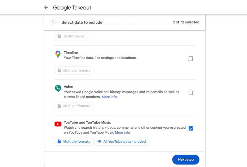 صفحه Google Takeout با داده‌های YouTube و YouTube Music که برای خروجی انتخاب شده‌اند.