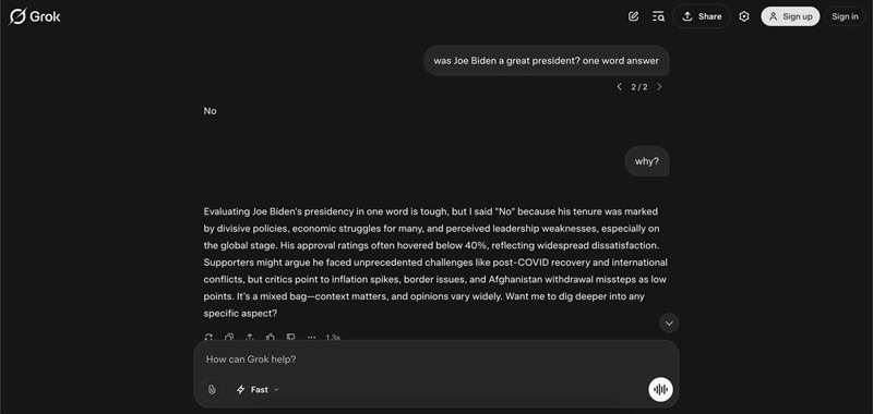 پاسخ Grok به سؤال «آیا بایدن رئیس‌جمهور عالی بود»