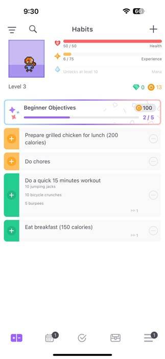 صفحه اصلی برنامه Habitica