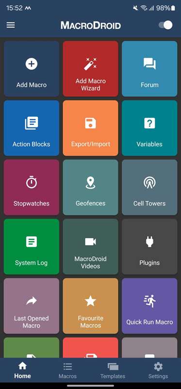 برگه اصلی برنامه MacroDroid.