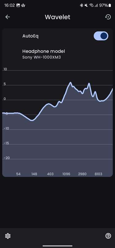 گزینهٔ AutoEq فعال شده برای یک جفت هدفون در برنامه Wavelet.