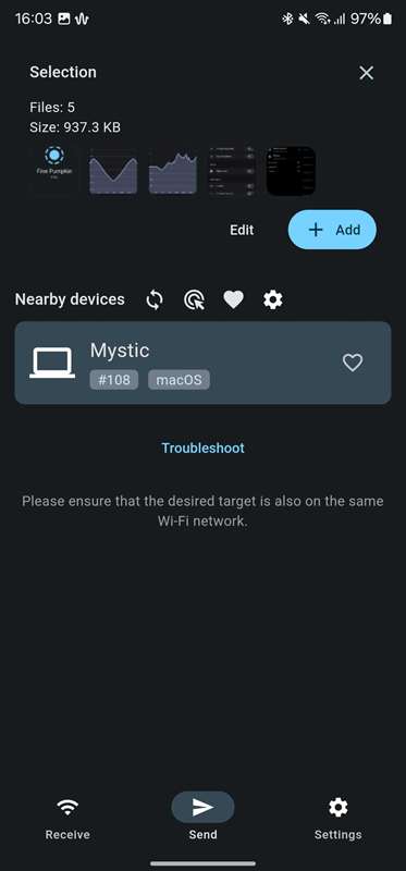 برگه Send برنامه LocalSend که جزئیاتی مانند فایل‌های انتخاب‌شده و دستگاه‌های نزدیک را نشان می‌دهد.