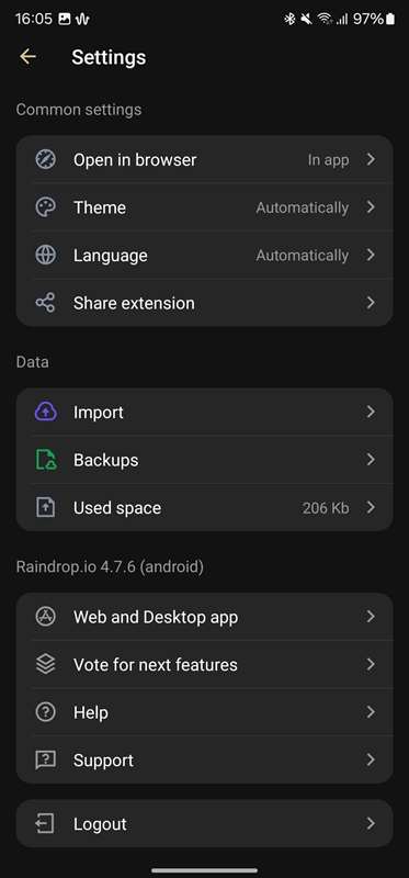 صفحهٔ Settings برنامه Raindrop.