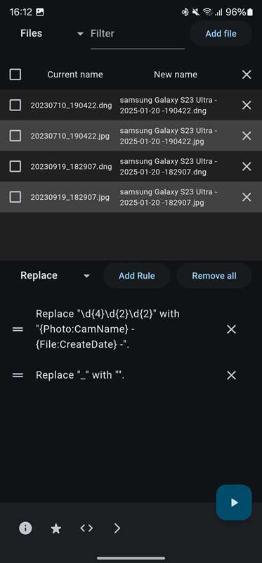 فهرست قوانین تنظیم‌شده در Flut Renamer.