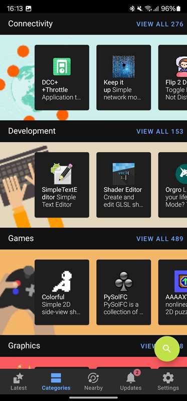 برگه Categories برنامه F-Droid.