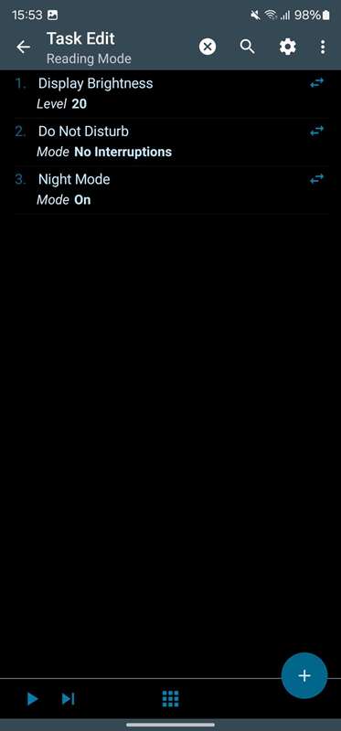 فهرست کارها برای یک پروفایل Tasker.