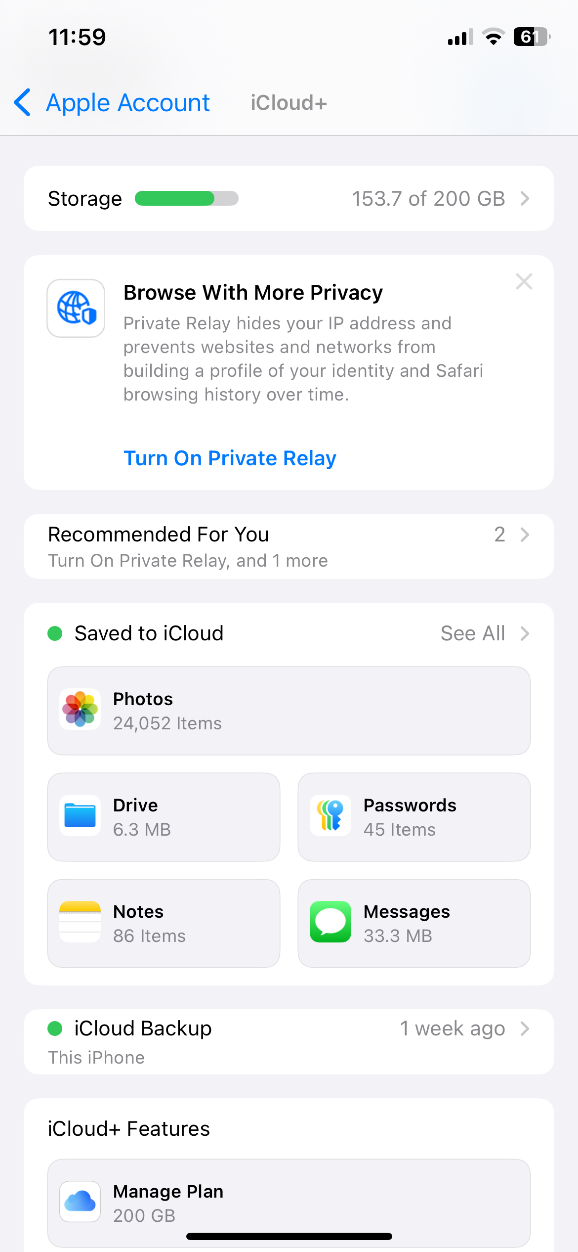 منوی تنظیمات iCloud در آیفون