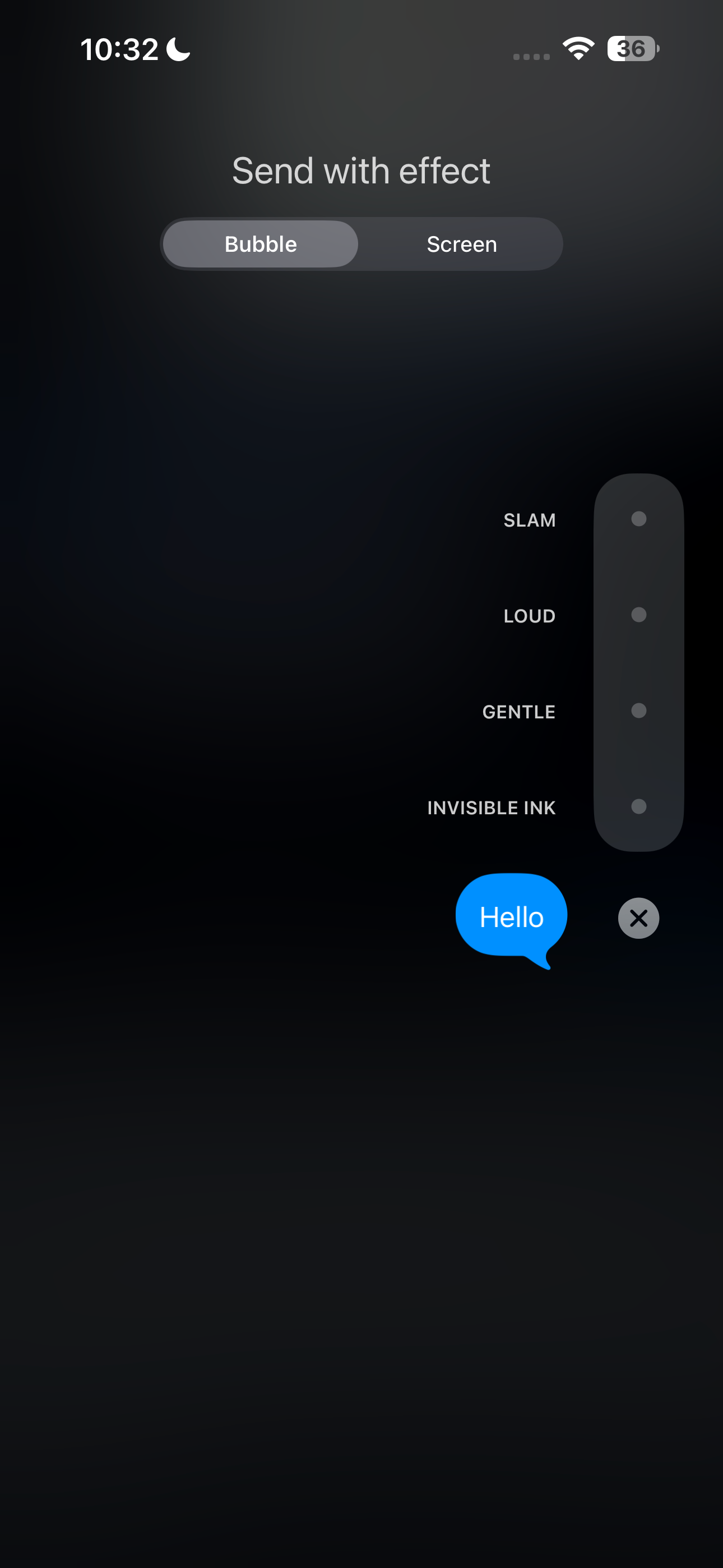 صفحه ارسال با اثر iMessage که اثرهای حباب را نمایش می‌دهد