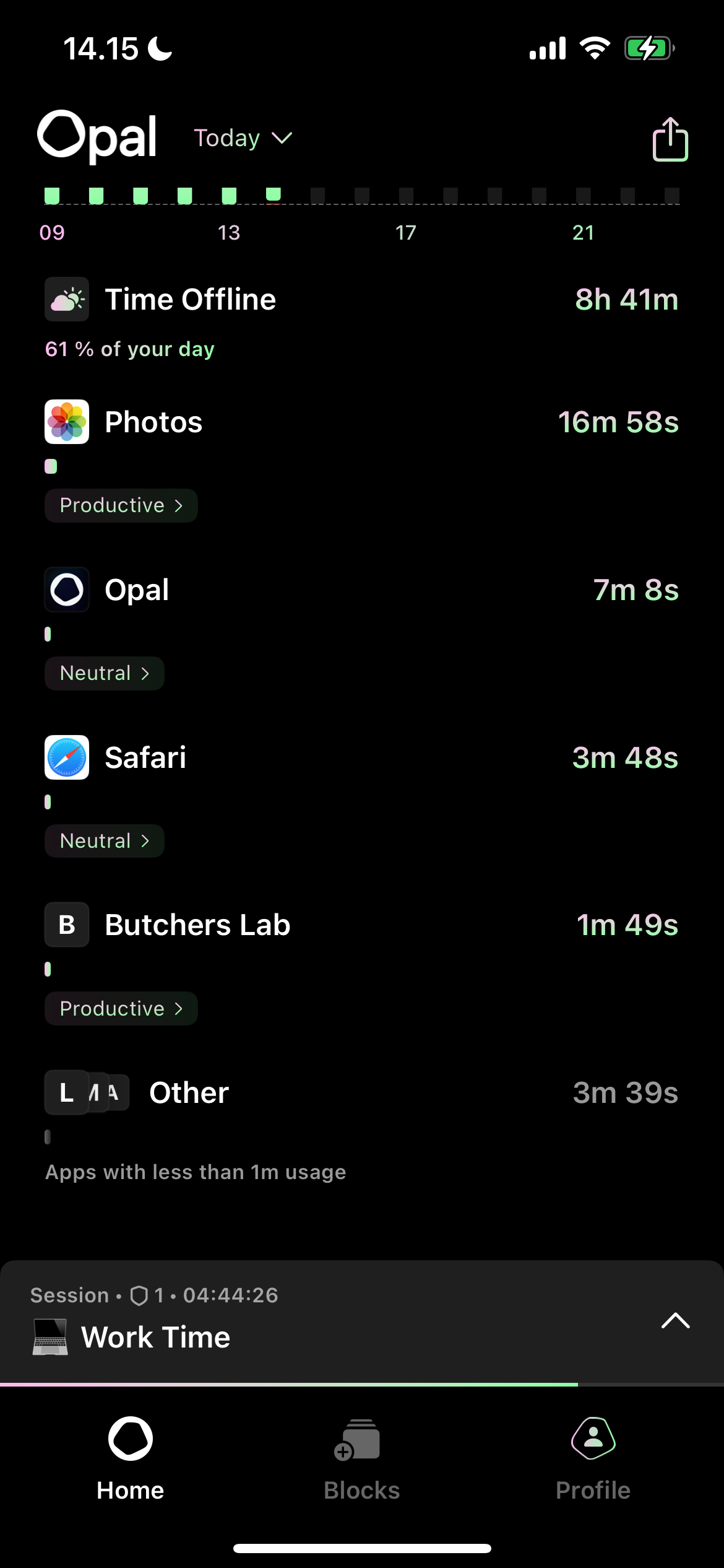 زمان صرف شده آفلاین در برنامه Opal