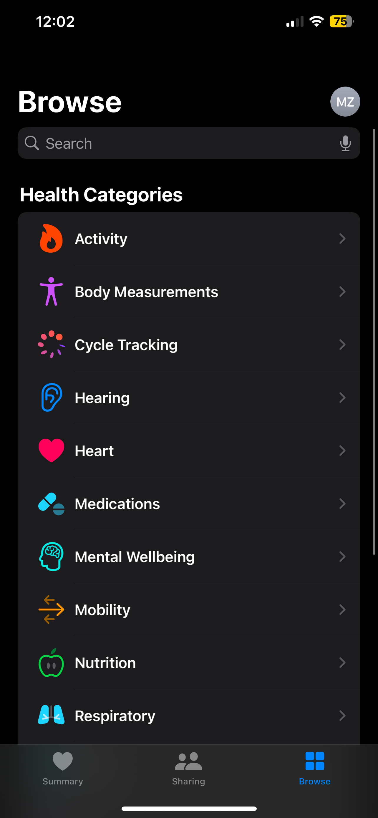 برنامه سلامت در iPhone نشاندهنده گزینهی فعالیت در منوی مرور