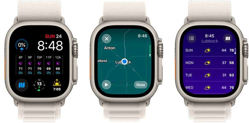 سه صفحه از برنامه Apple Watch Carrot Weather