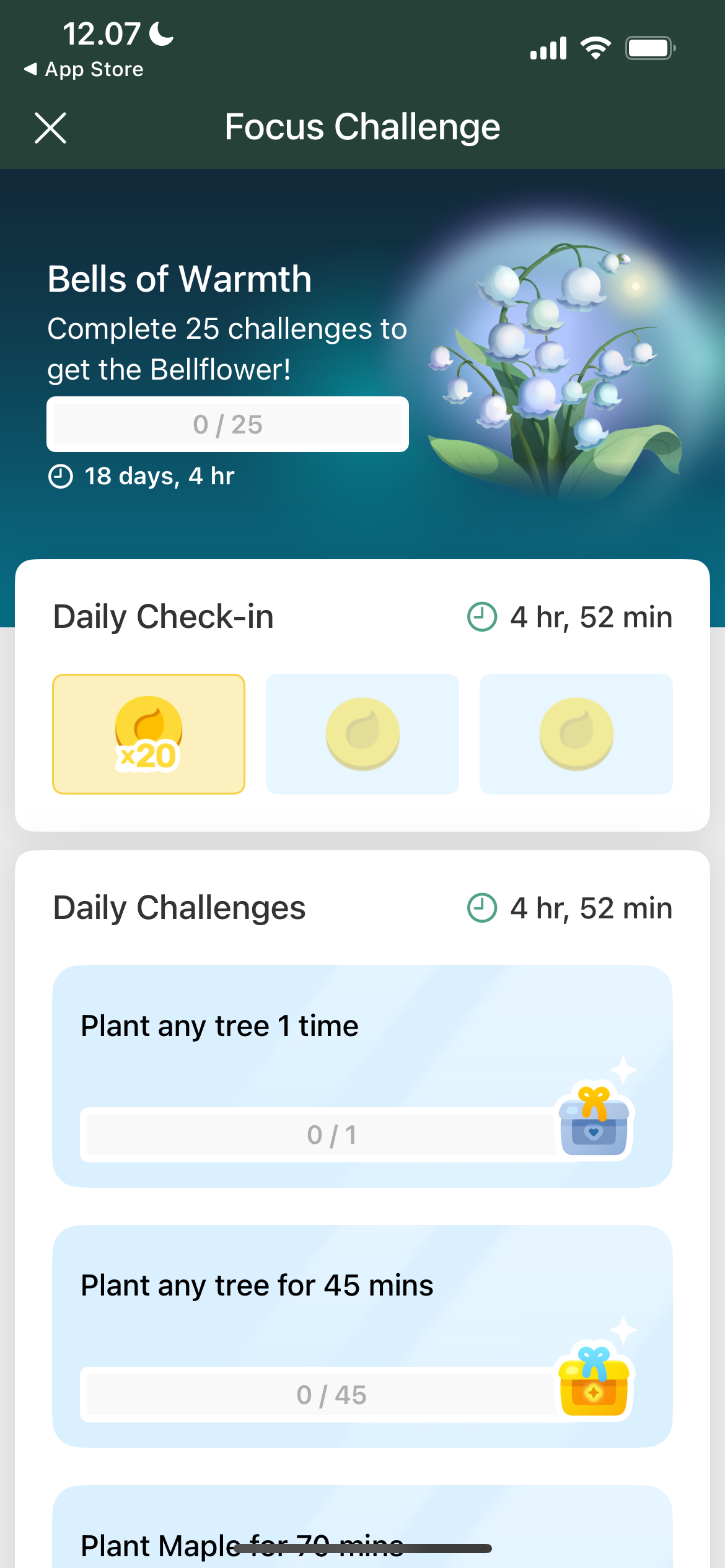 لیست چالشها در برنامه Forest