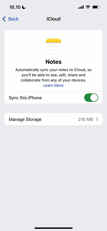 تنظیمات همگام‌سازی برنامه Notes در iCloud