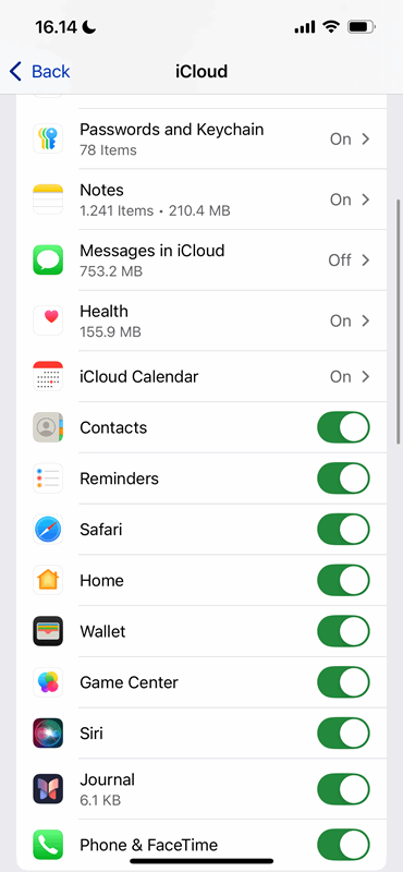 انتخاب Health در تنظیمات iCloud شما