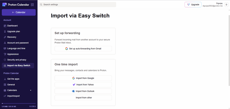 وارد کردن از طریق Easy Switch در Proton Calendar