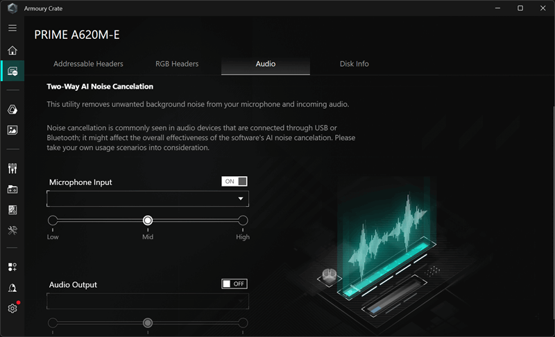 دکمه‌های ورودی و خروجی برای حذف نویز هوش مصنوعی در ASUS Armoury Crate