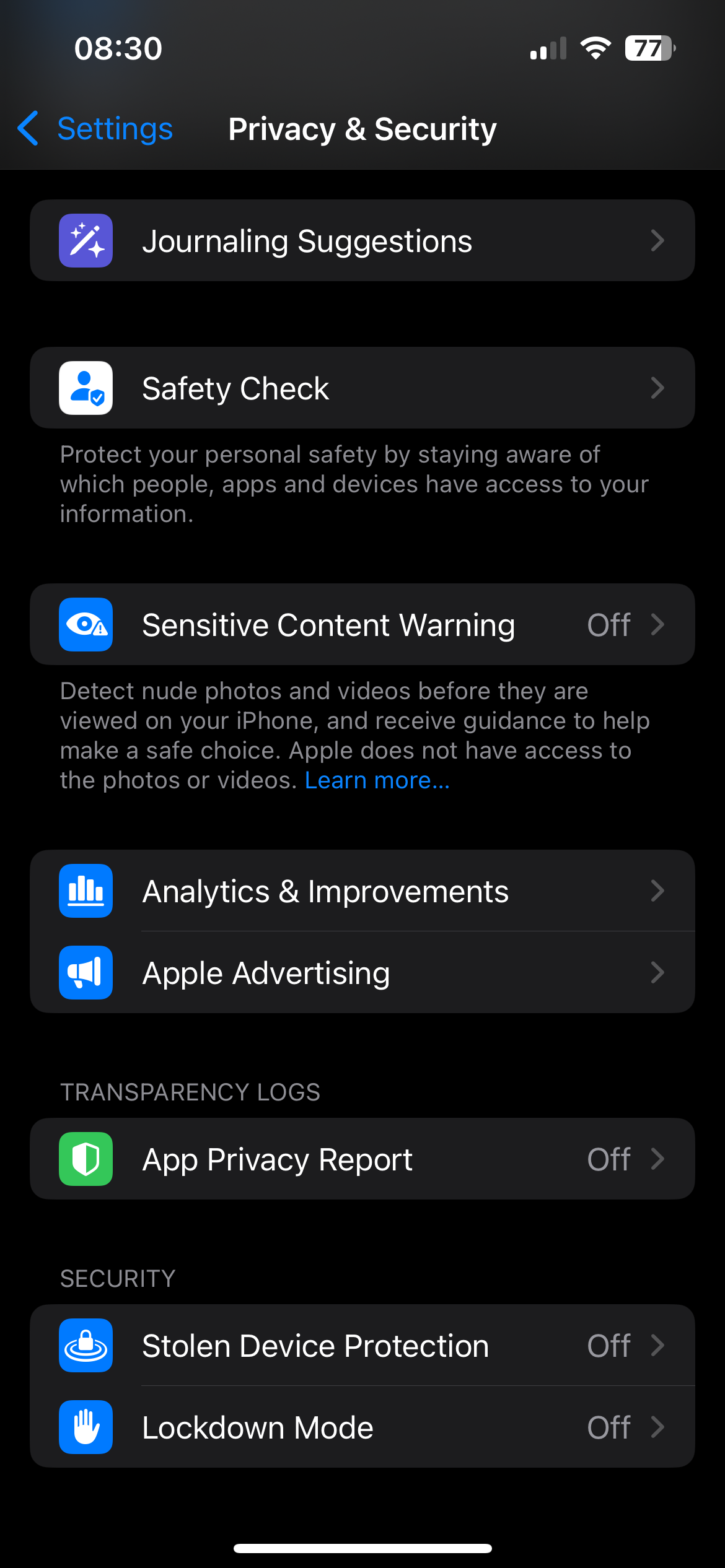 صفحه حریم خصوصی و تنظیمات iOS