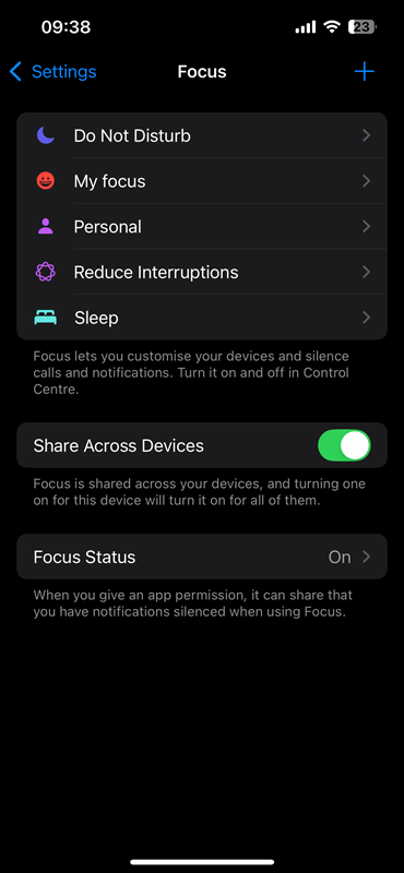 صفحهٔ تنظیمات Focus آیفون