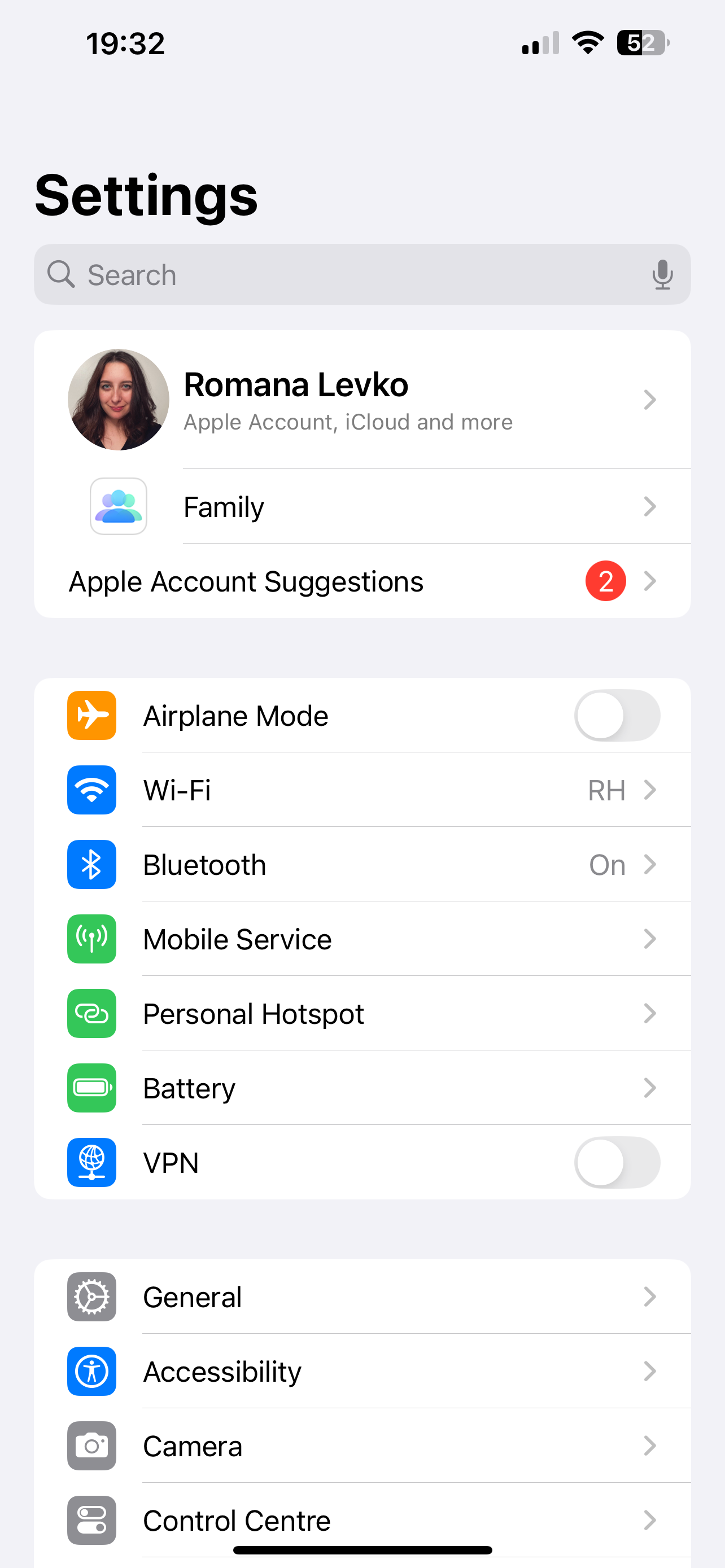 تنظیمات باز شده در iPhone