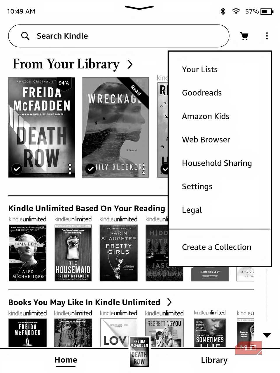 تصویری که صفحه اصلی Kindle را با منو باز می کند.