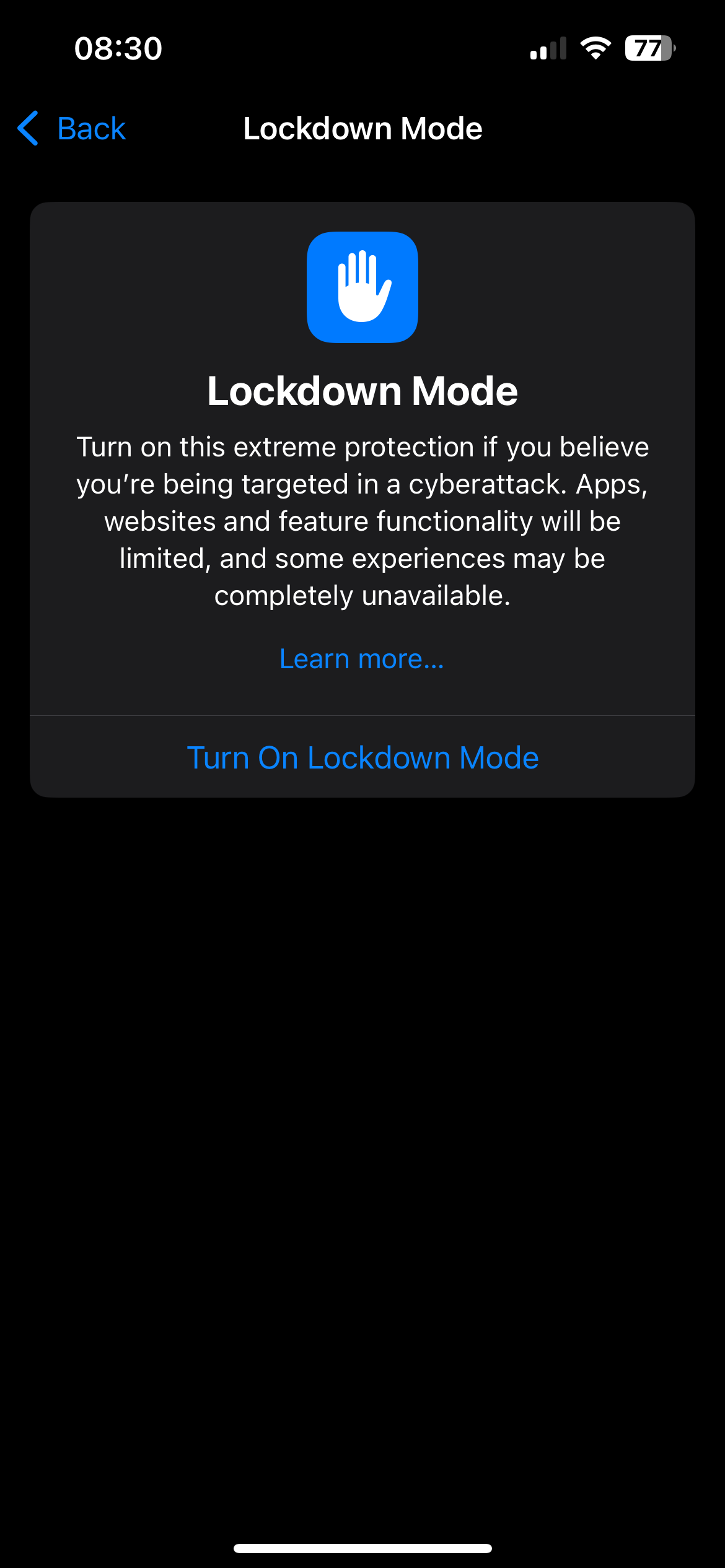 صفحه تنظیمات Lockdown Mode در iOS