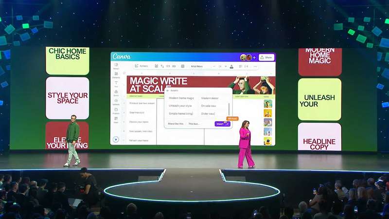 چند ارائه‌دهنده بر روی صحنه توضیح می‌دهند Magic Studio در مقیاس بزرگ جدید را بر روی صفحه‌نمایشی بزرگ که پشت سرشان قرار دارد، بیان می‌کنند