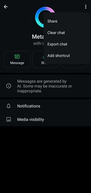 منوی پروفایل واتساپ هوش مصنوعی متا