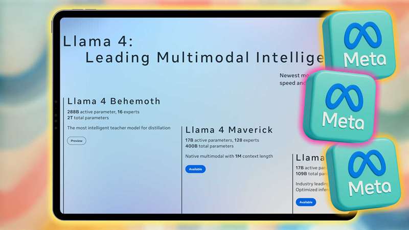 صفحهٔ اصلی Meta Llama 4 روی صفحهٔ تبلت با لوگوی Meta AI