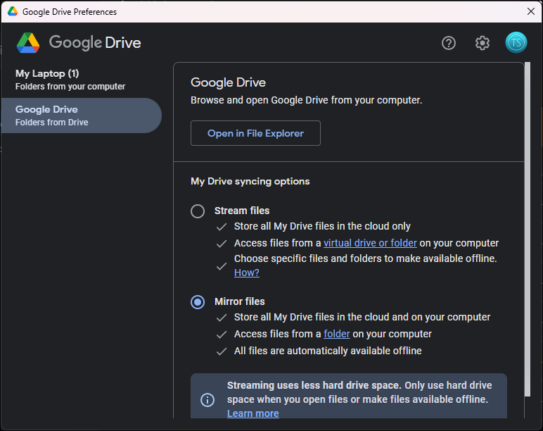 گزینهٔ Mirror files در برنامهٔ Google Drive در ویندوز ۱۱