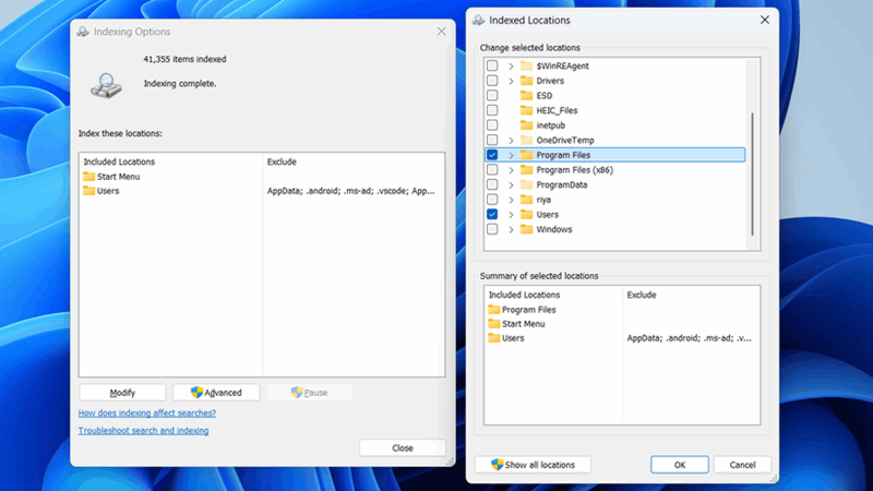 تغییر گزینه‌های ایندکس جستجو در ویندوز ۱۱