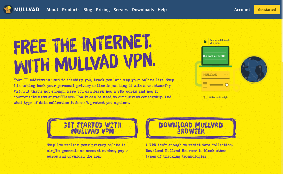 صفحهٔ اصلی وب‌سایت Mullvad VPN