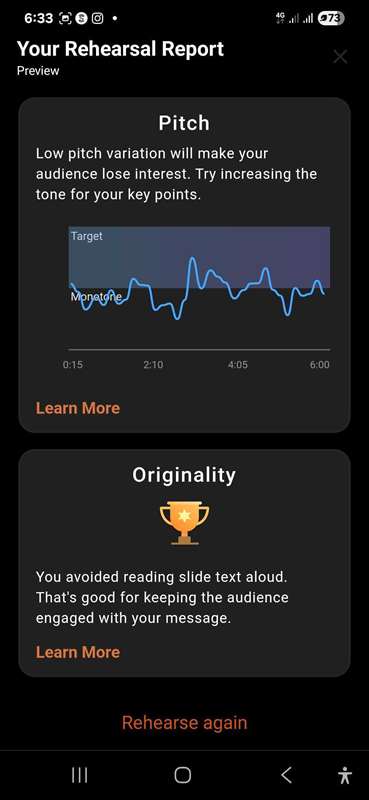 گزارش تمرین Speaker Coach من که گزارش لحن و اصالت را نشان میدهد