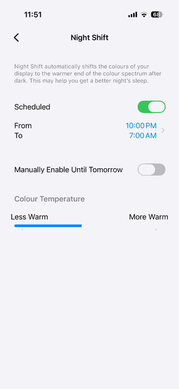 منوی تنظیمات حالت شب در آیفون