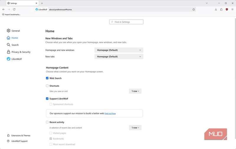 تنظیمات مرورگر libreworlf مبتنی بر کروم