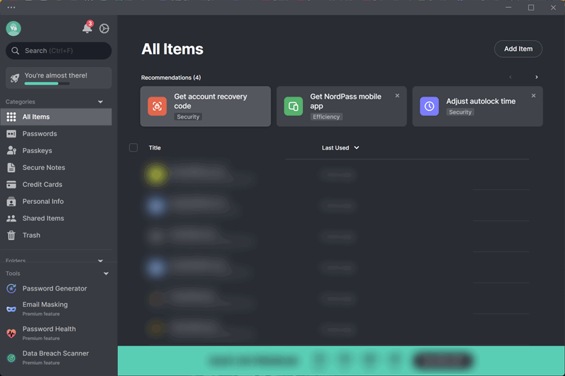 برنامه دسکتاپ NordPass با نمایش نوار کناری و رمزهای عبور