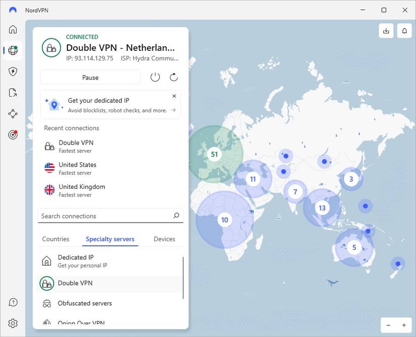 کنکشن Double VPN فعال در NordVPN