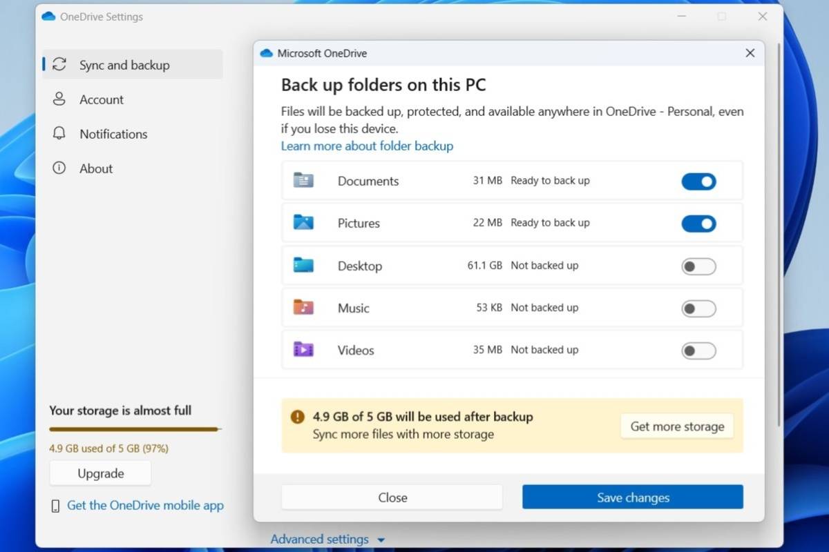 تنظیمات پشتیبانگیری OneDrive در ویندوز