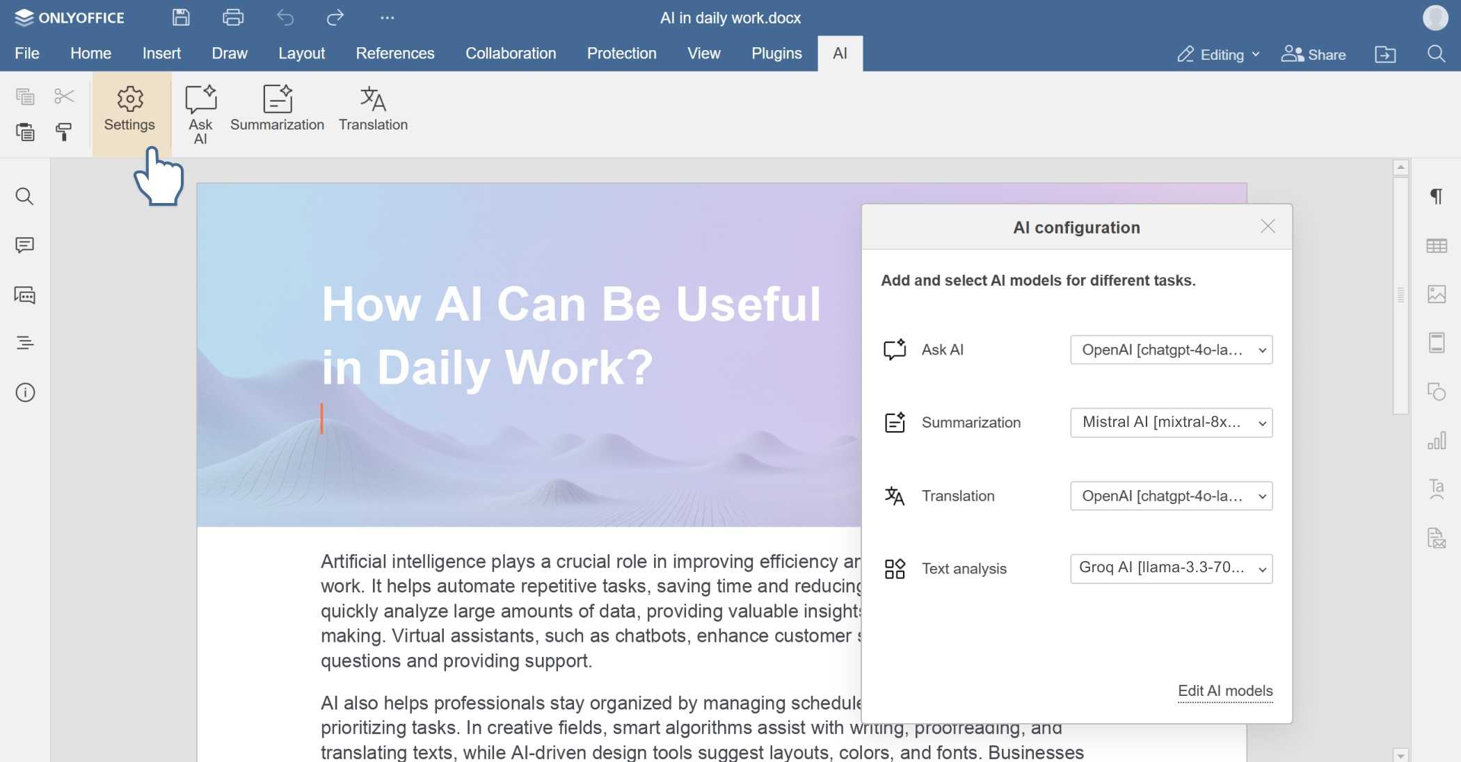 تنظیمات افزونه هوش مصنوعی ONLYOFFICE