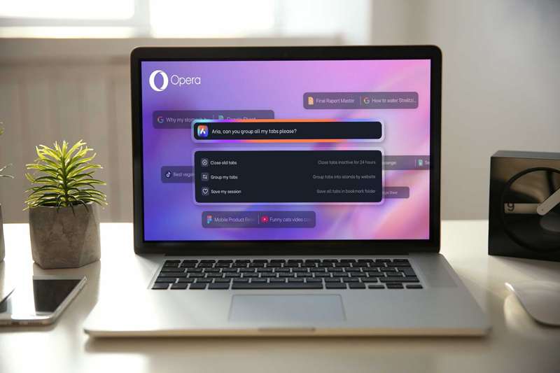 مثال دستورات تب‌های هوش مصنوعی opera aria بر روی صفحهٔ لپ‌تاپ.