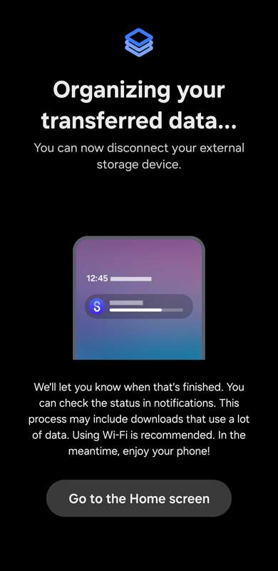 پیام سازماندهی داده‌ها در گوشی سامسونگ