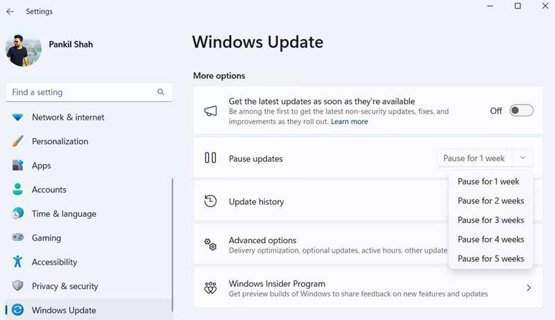 گزینه مکث به‌روزرسانی‌های ویندوز در برنامه تنظیمات