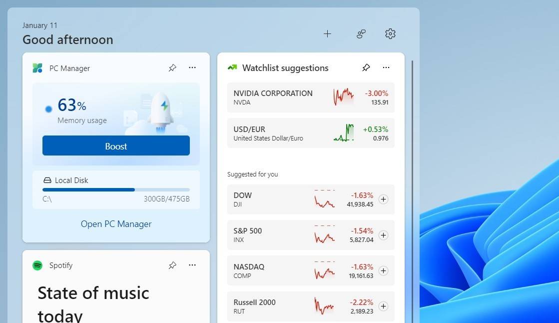 مدیر PC در پانل ویجتهای ویندوز ۱۱