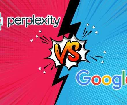 لوگوهای Perplexity و Google با نماد مقابل‌نمایی بین دو طرف