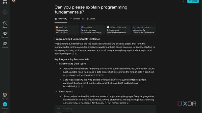 Perplexity در حال توضیح اصول برنامه‌نویسی