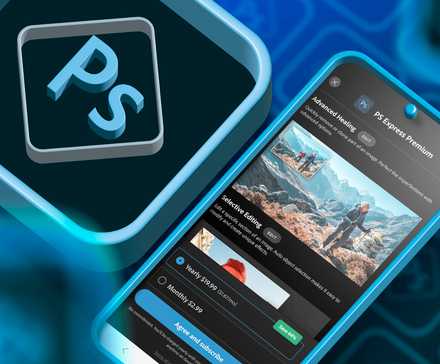 لوگو Photoshop Express کنار تلفن نشان‌دهنده اشتراک پرمیوم